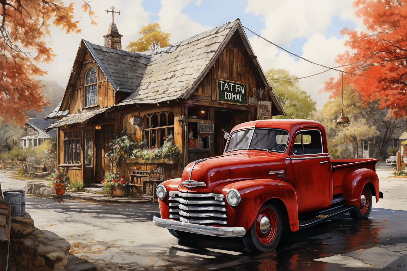 Americana Red Truck At The Bait Shop