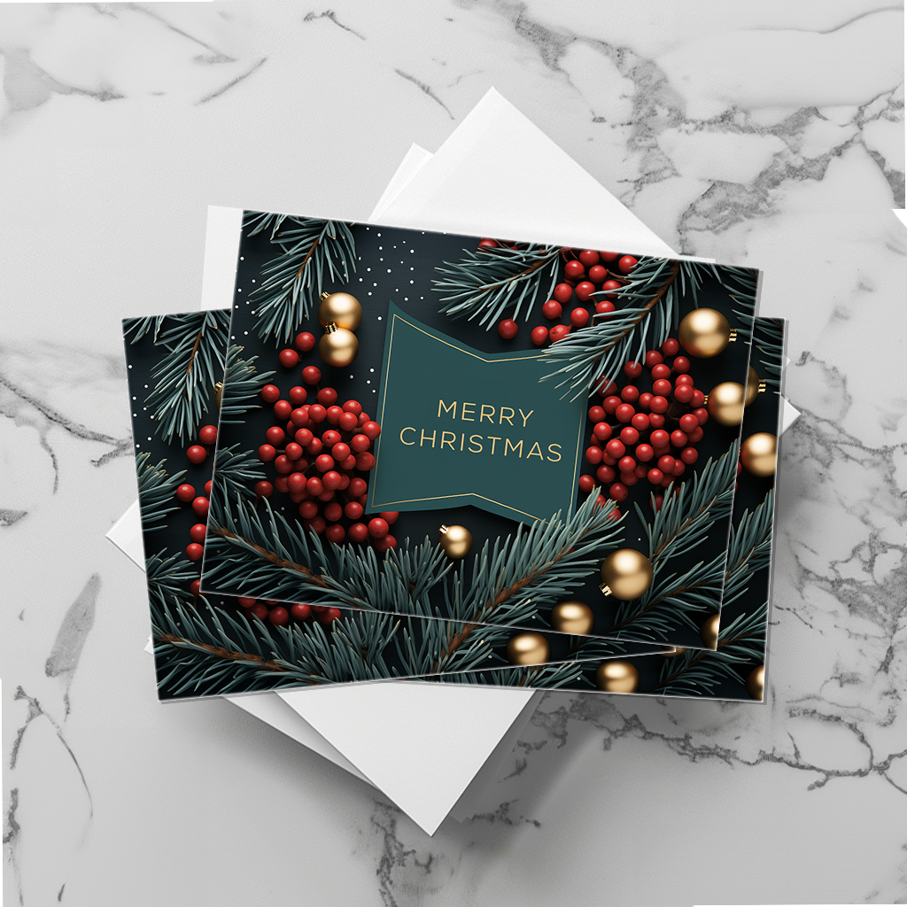 Elegant Evergreen Botanical Bowtie Seasonal Card