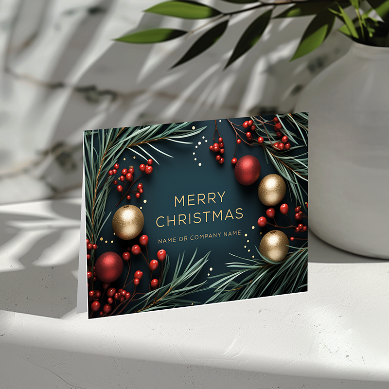 Customizable Luxe Holiday Card Evergreen & Ornaments