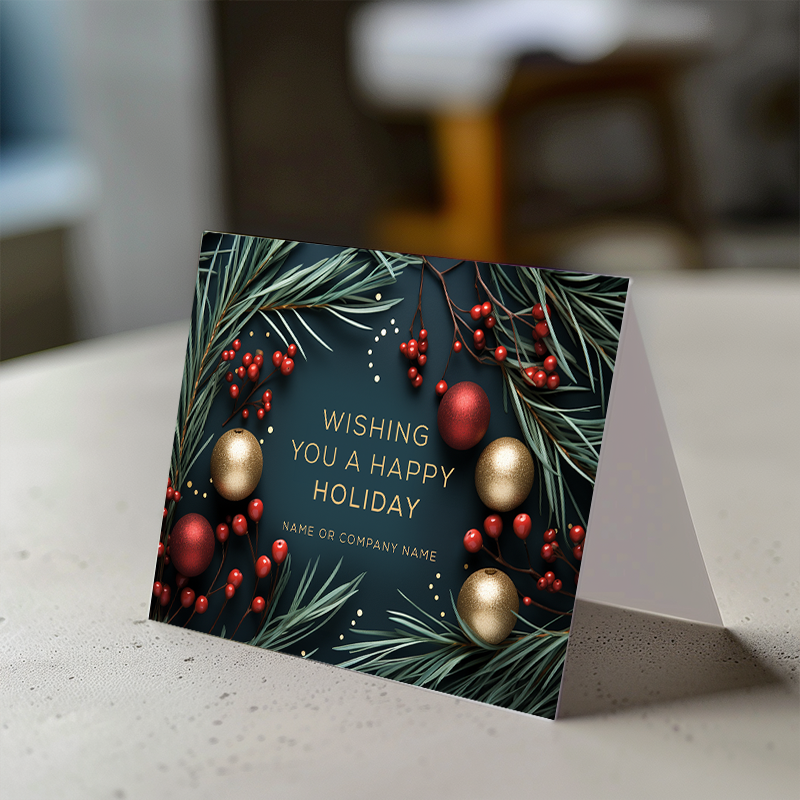 Customizable Luxe Holiday Card Evergreen & Ornaments