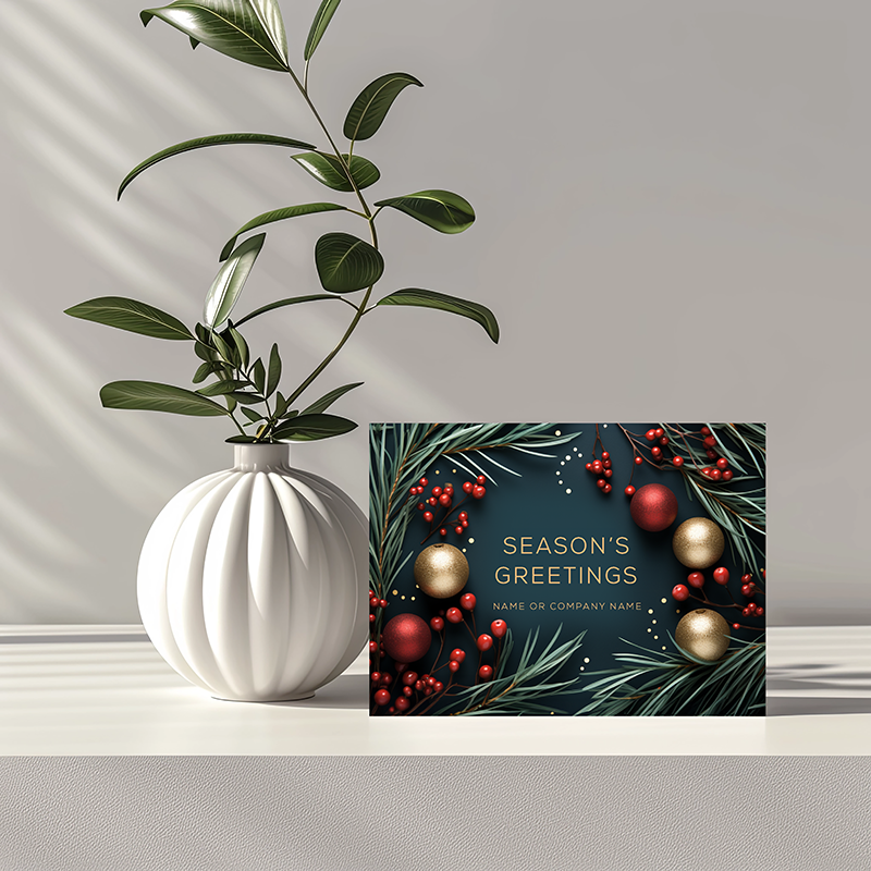 Customizable Luxe Holiday Card Evergreen & Ornaments