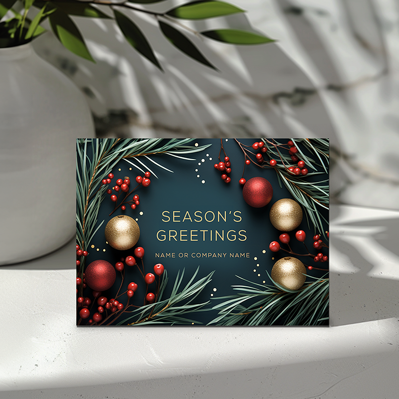 Customizable Luxe Holiday Card Evergreen & Ornaments