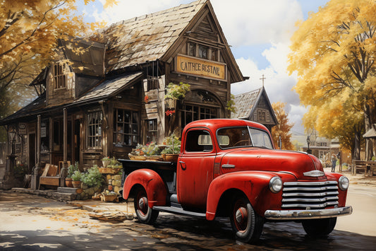 Red Truck Country Scene Vintage Vehicle
