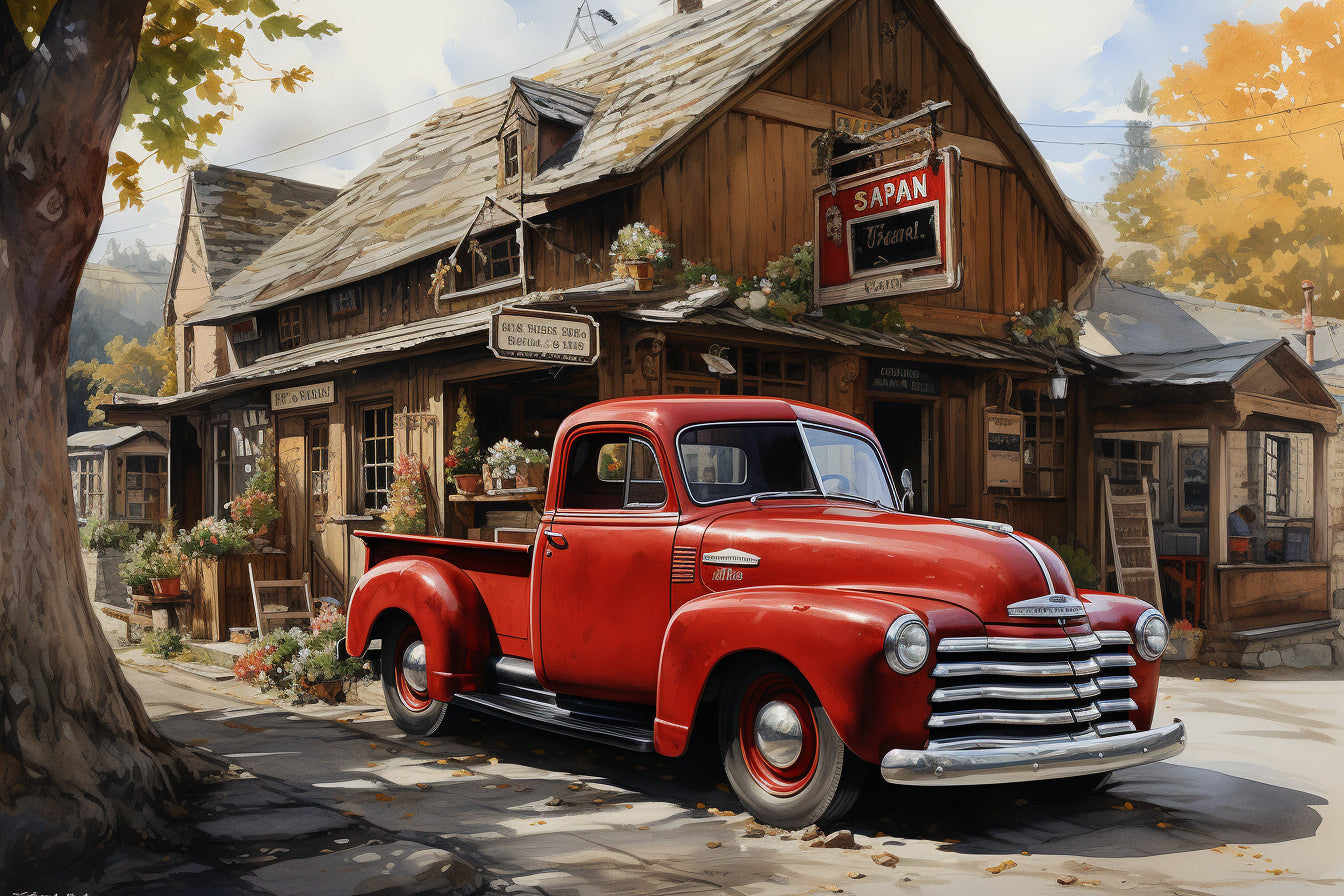 Country Scene Red Truck At Corner Store
