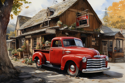 Country Scene Red Truck At Corner Store