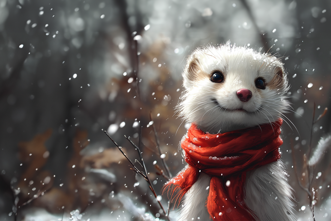 Stoat Wearing Scarf In Snow Fall