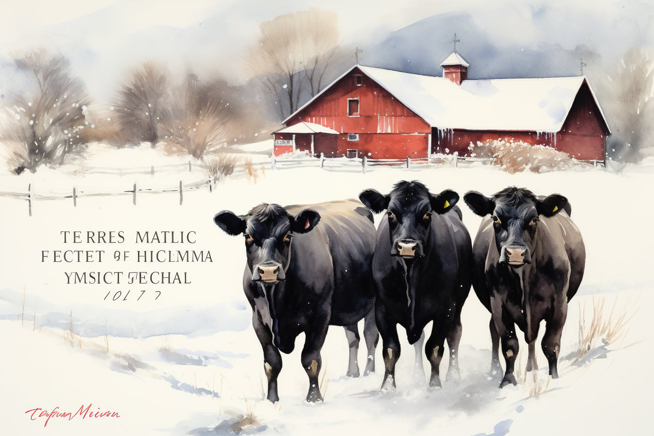 Snowed In Black Heifers & Red Barn
